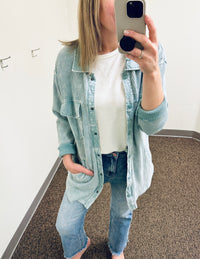 Waffle Knit Mineral Washed Button Down Shacket - Smoky Blue