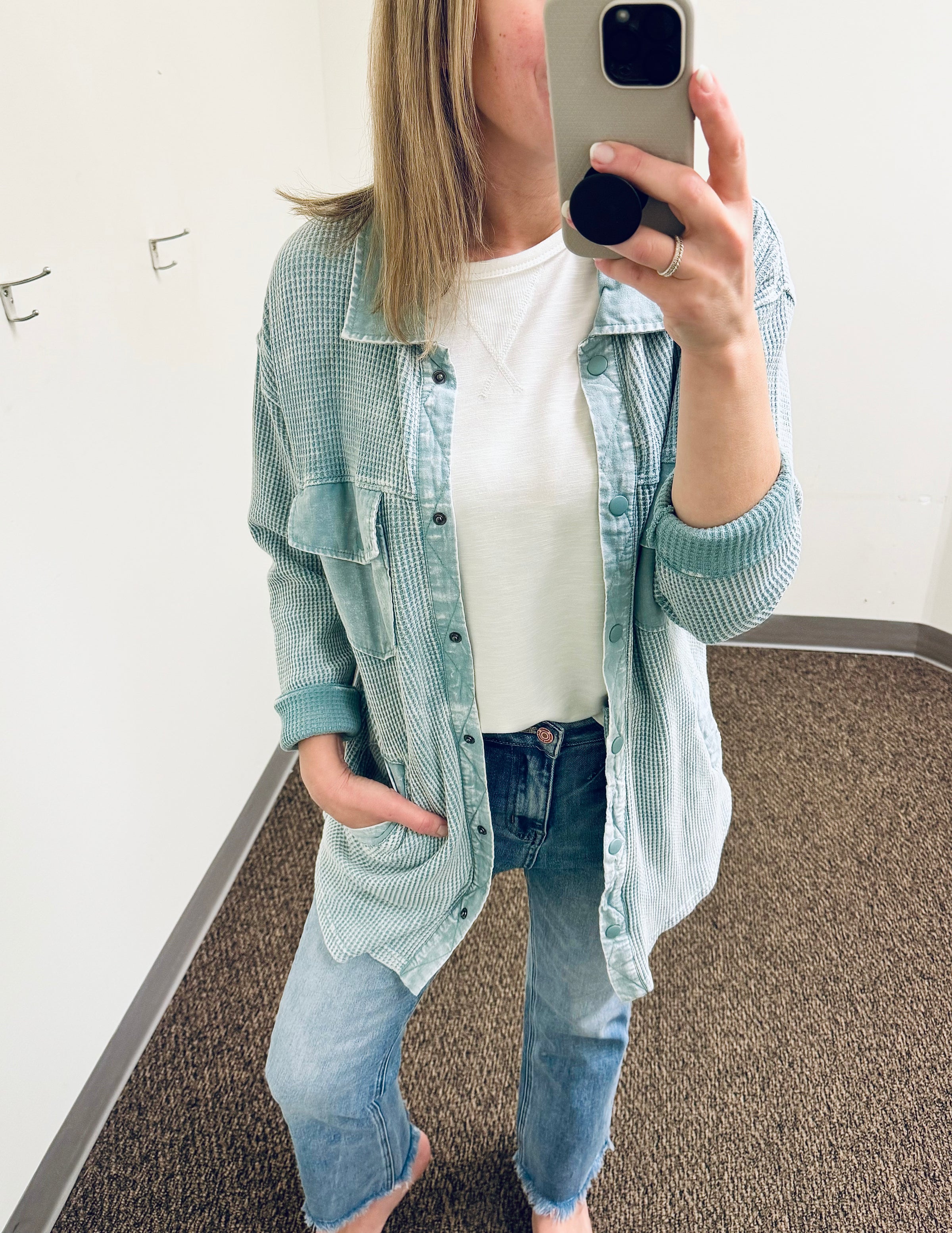 Waffle Knit Mineral Washed Button Down Shacket - Smoky Blue