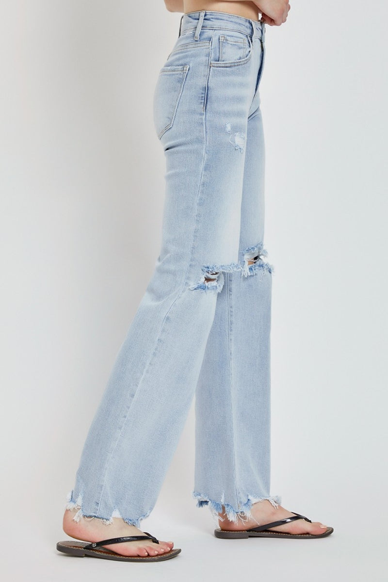 Risen High Rise Light Wash Distressed Wide Leg Jeans