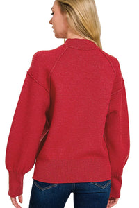 Zenana Red Mock Neck Exposed Seam Sweater