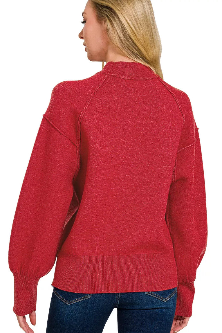 Zenana Red Mock Neck Exposed Seam Sweater