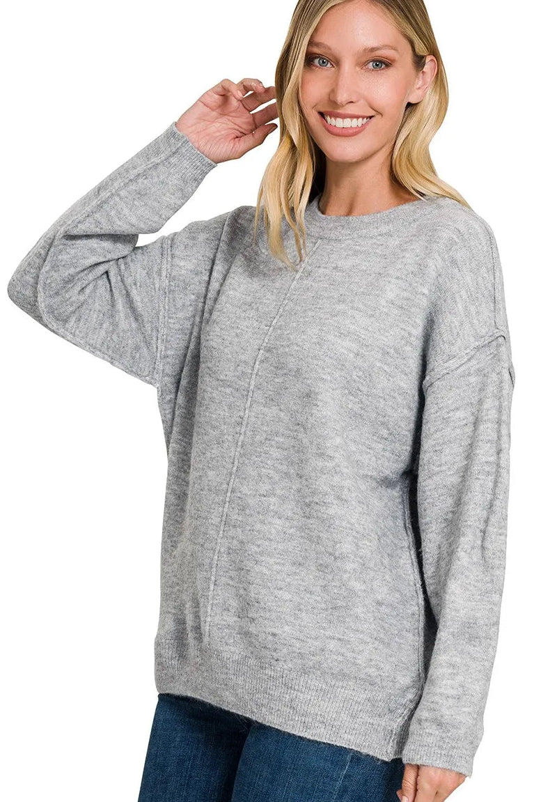 Zenana Melange Front Seam Round Neck Sweater
