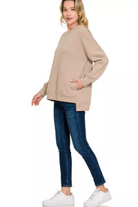 Zenana Fleece Hi-Low Boyfriend Sweatshirt with Pockets - Ash Mocha