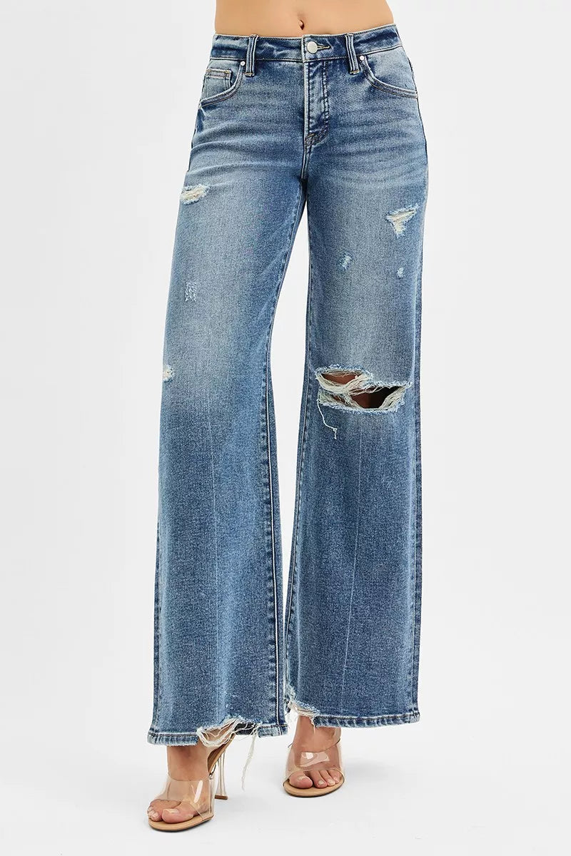 Risen Mid Rise Distressed Wide Leg Jeans