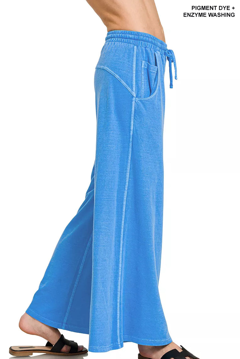Zenana French Terry Pigment Dye & Enzyme Wash Wide Leg Pants