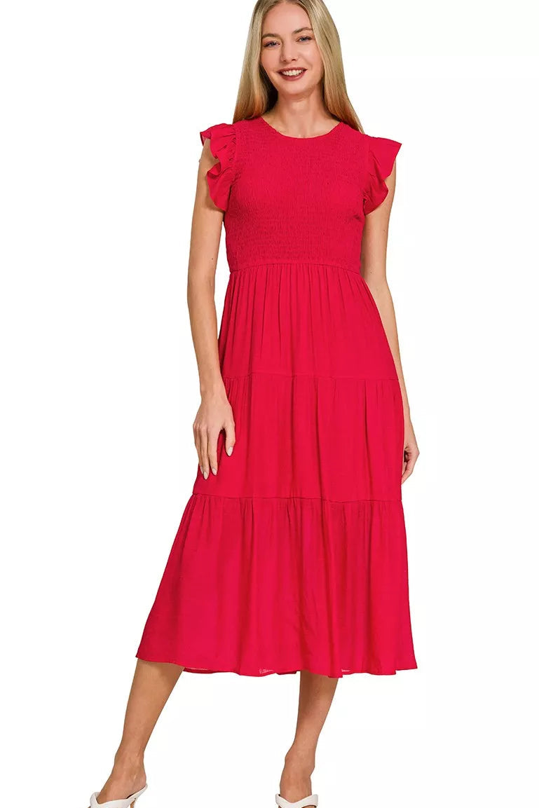 Woven Smocked Ruffle Sleeve Midi Dress in Red
