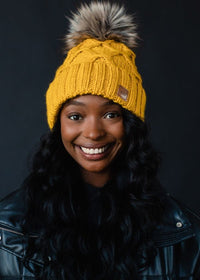Mustard Cable Knit Fleece Lined Hat