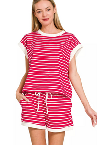 Zenana Stripe Contrast Trim Top & Shorts Set in Ruby Red