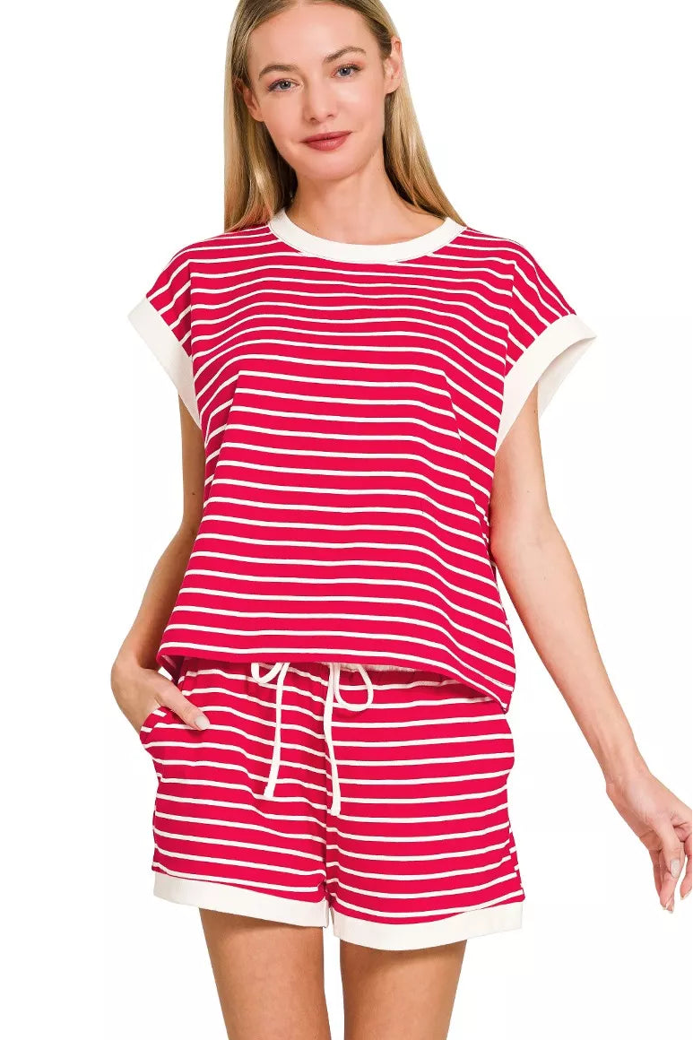 Zenana Stripe Contrast Trim Top & Shorts Set in Ruby Red