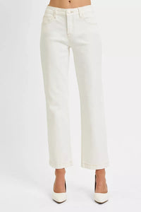Risen Mid Rise Tummy Control Cream Ankle Straight Jeans