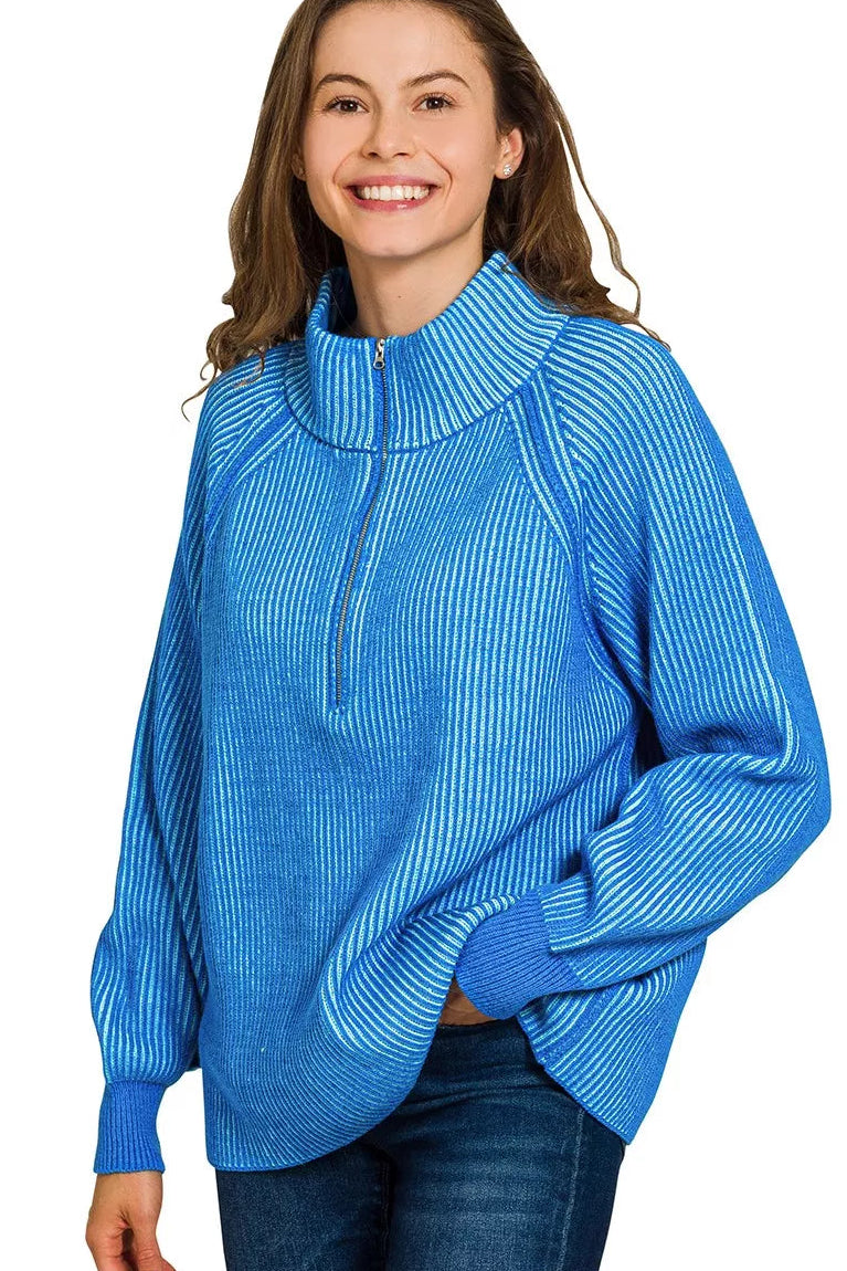 Zenana Ribbed Two Tone Half Zip Sweater in Ocean Blue/Sky Blue