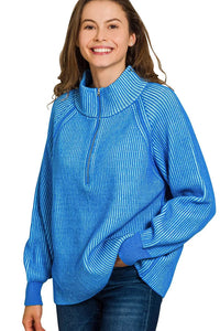 Zenana Ribbed Two Tone Half Zip Sweater in Ocean Blue/Sky Blue