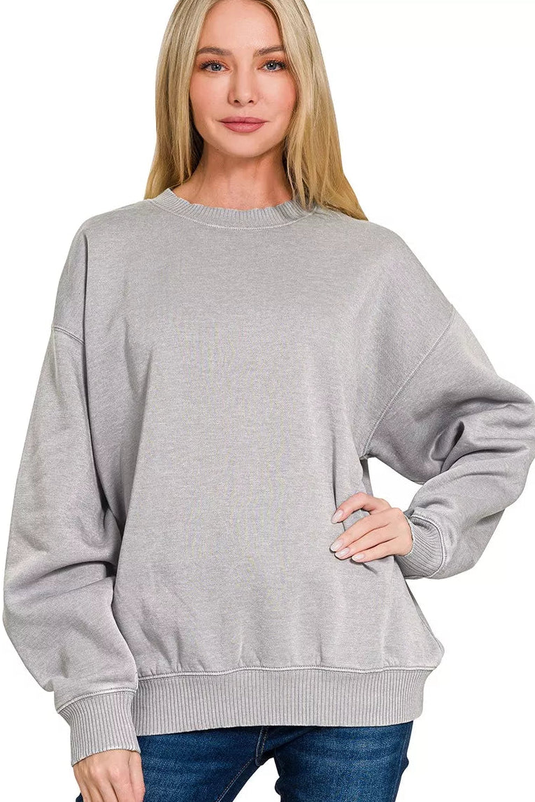 Zenana Fleece Enzyme Washed Round Neck Sweatshirt in Sleet
