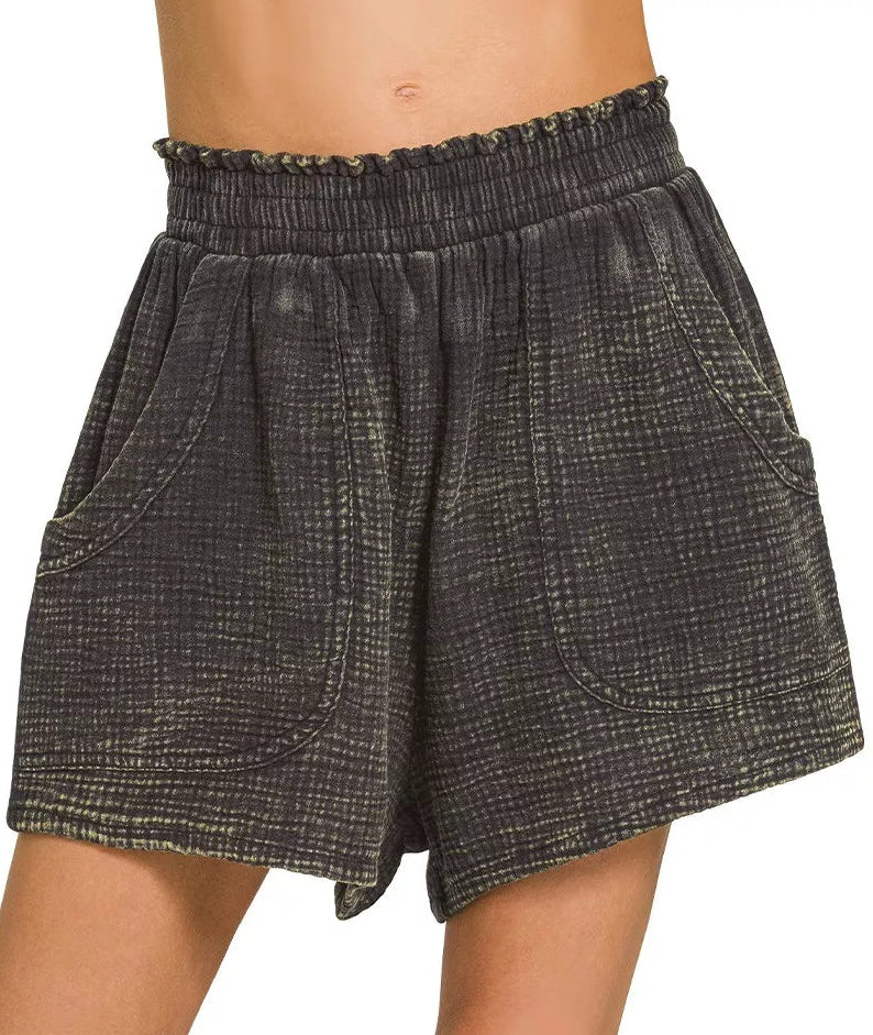 Zenana Washed Double Gauze Shorts in Ash Black
