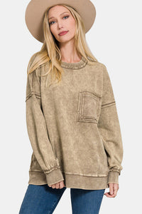 French Terry Exposed Seam Round Neck Dropped Shoulder Sweatshirt - Mocha