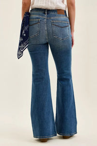 Judy Blue Mid Rise Jaqueline Flare Jeans with Embroidered Back Pockets 