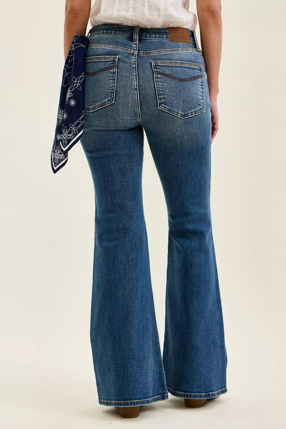 Judy Blue Mid Rise Jaqueline Flare Jeans with Embroidered Back Pockets 