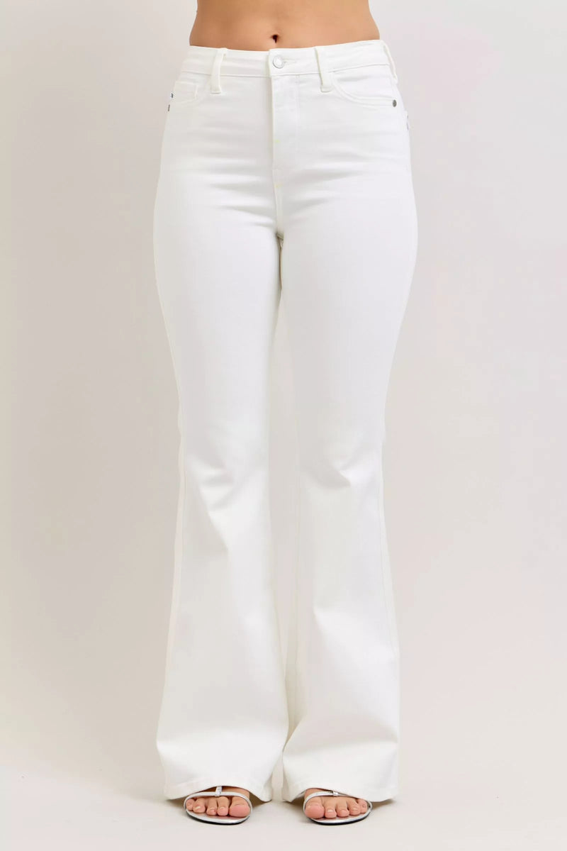 Judy Blue High Rise White Denim Tummy Control Flare Jeans