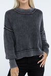 Ribbed Exposed Seam Round Neck Dropped Shoulder Sweater