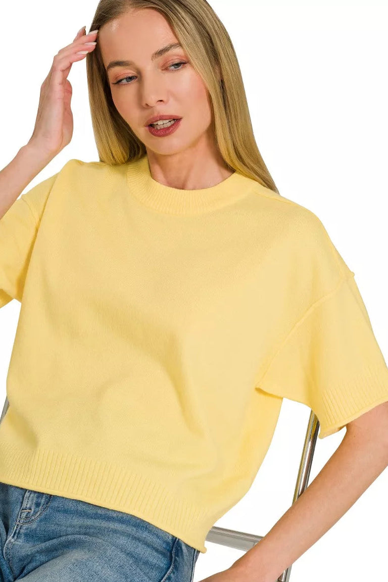 Lightweight Short Sleeve Sweater Knit Top in Butter Yellow