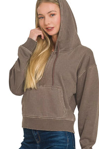 Zenana Fleece Pigment Dyed Half Zip Kangaroo Pocket Hoodie in Brown