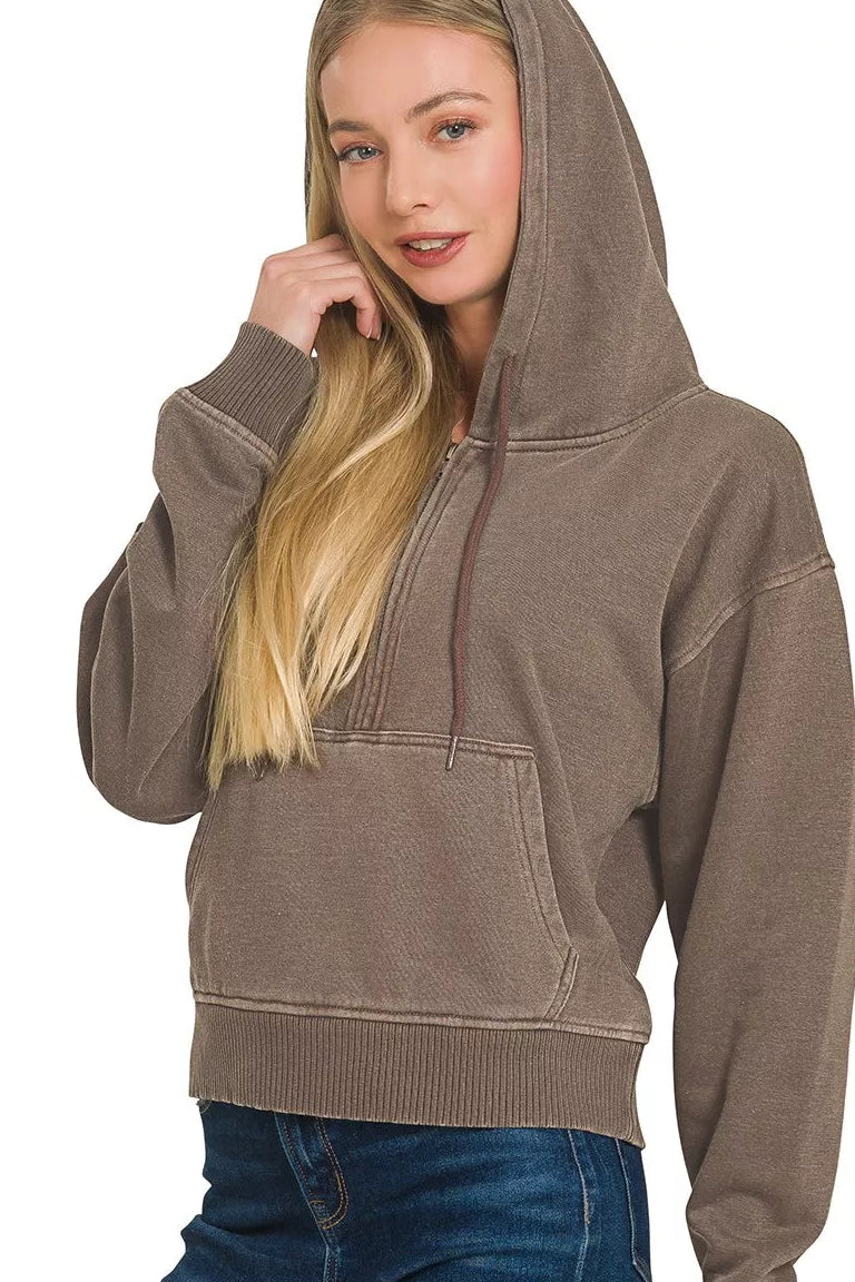 Zenana Fleece Pigment Dyed Half Zip Kangaroo Pocket Hoodie in Brown