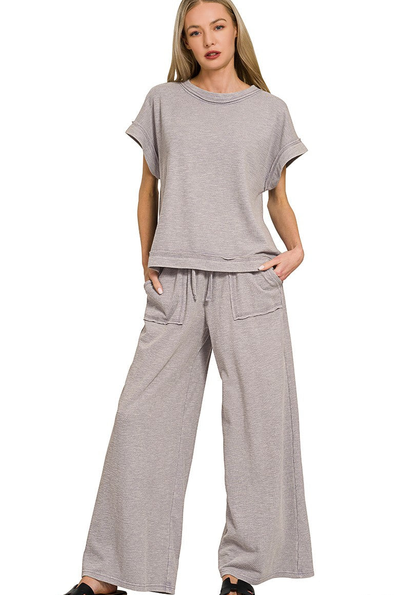 Zenana Cotton Slub Short Sleeve Tee and Pants Set in Sleet Grey