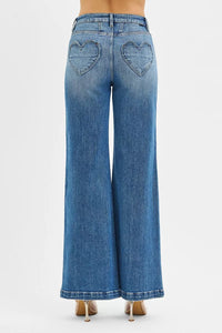 Risen High Rise Front Yoke Wide Leg Jeans w/ Heart Pockets