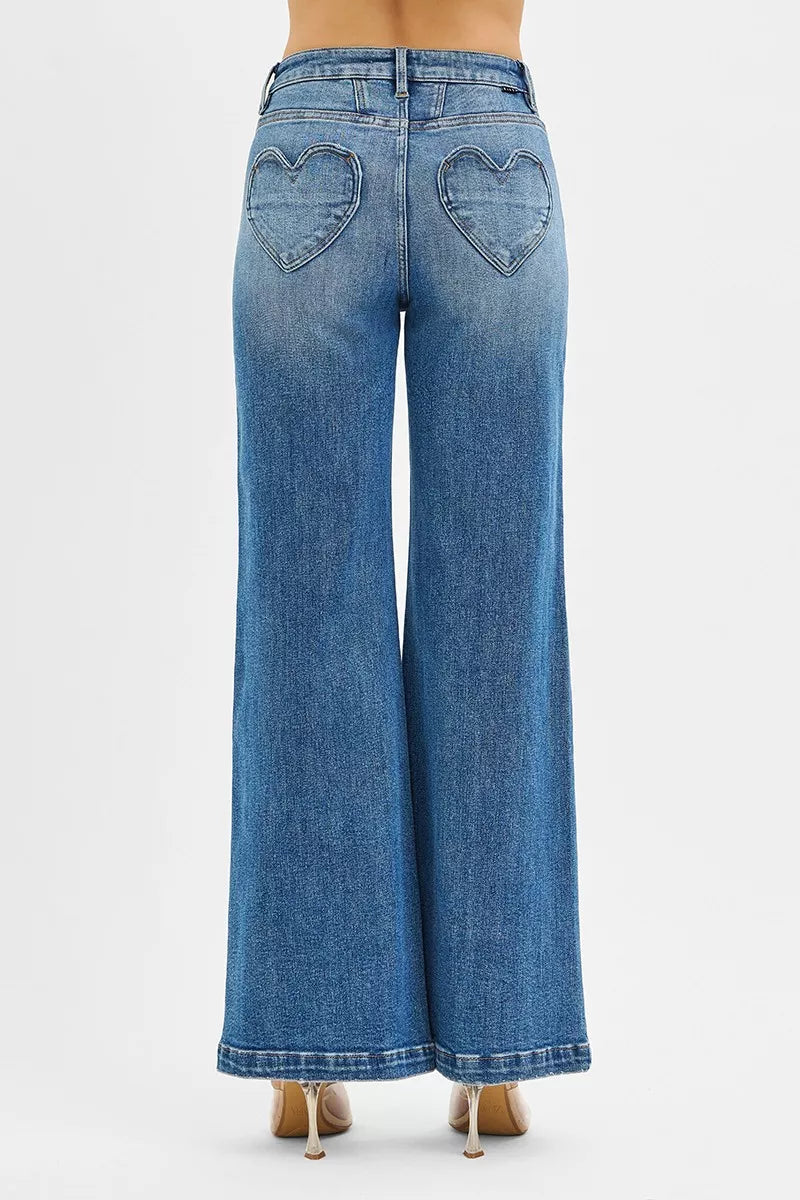 Risen High Rise Front Yoke Wide Leg Jeans w/ Heart Pockets