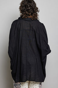 Black Cotton Button Down Half Dolman Sleeve Shirt