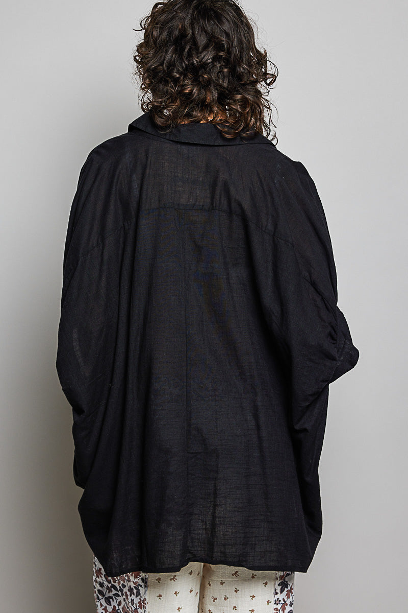 Black Cotton Button Down Half Dolman Sleeve Shirt