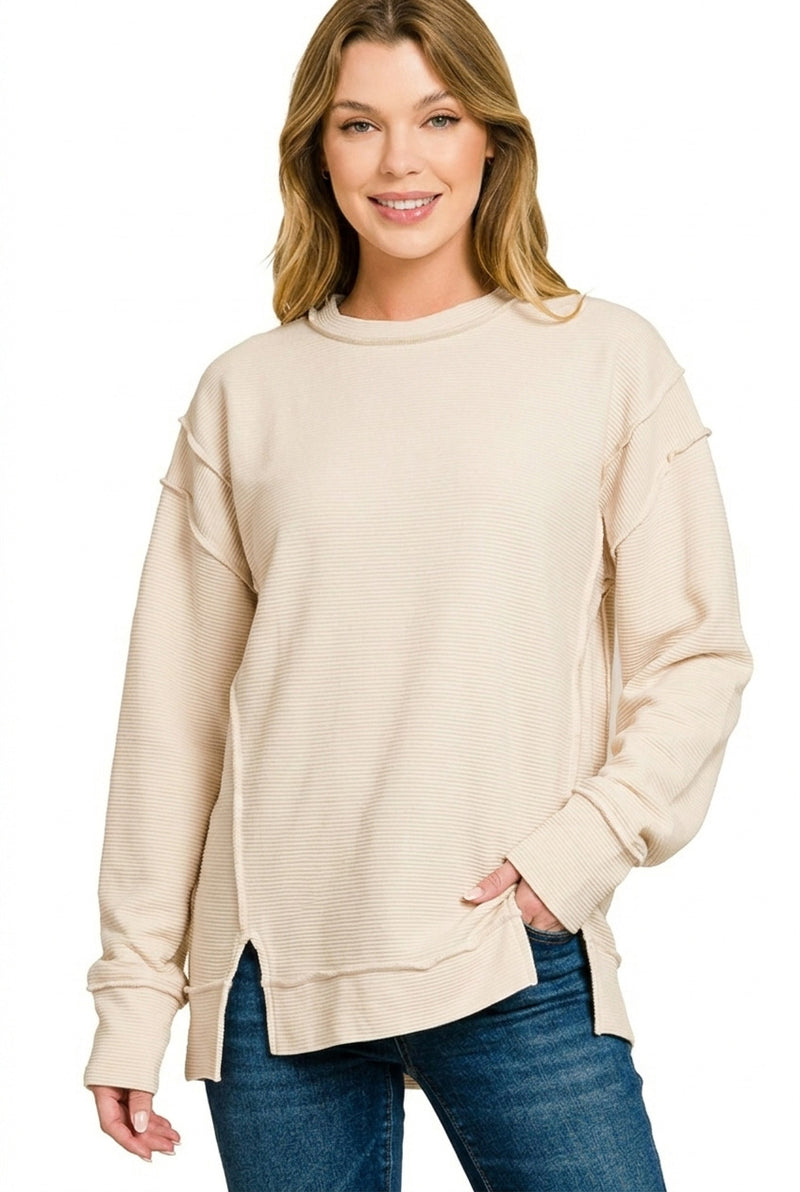 Zenana Acid Washed Double Ribbed Exposed Seam Sweatshirt in Sand Beige