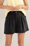 High Waist Pleated Linen Shorts - Black 