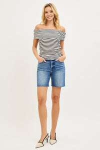 Risen Tummy Control High Rise Raw Cut Hem Denim Shorts