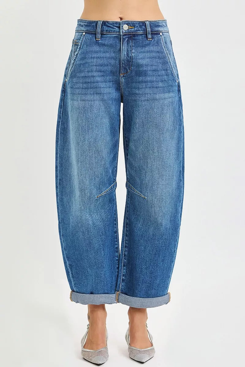 Risen Slouchy Cropped Cuffed Hem Barrel Jeans 