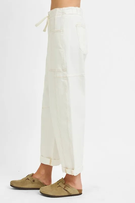 Risen High Rise Cream Wide Barrel Cargo Pocket Jeans