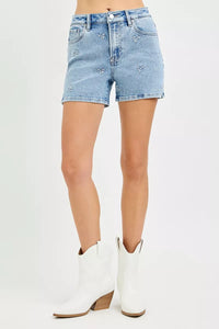 Risen High Rise Floral Embroidered Denim Shorts RDS6460