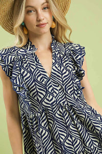 Umgee Leaf Print Tiered Midi Dress with Ruffle Detail in Navy