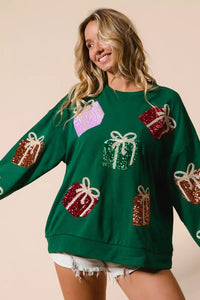 Sequin Christmas Presents Embroidered Pullover