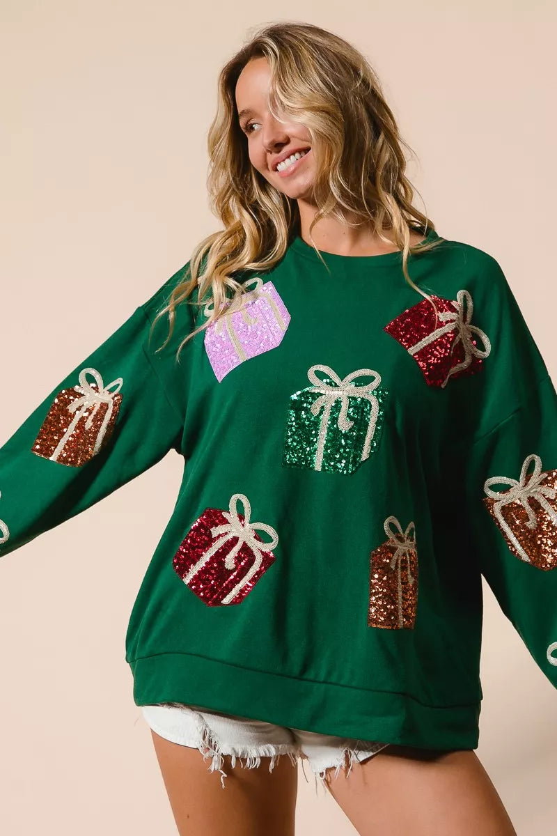 Sequin Christmas Presents Embroidered Pullover