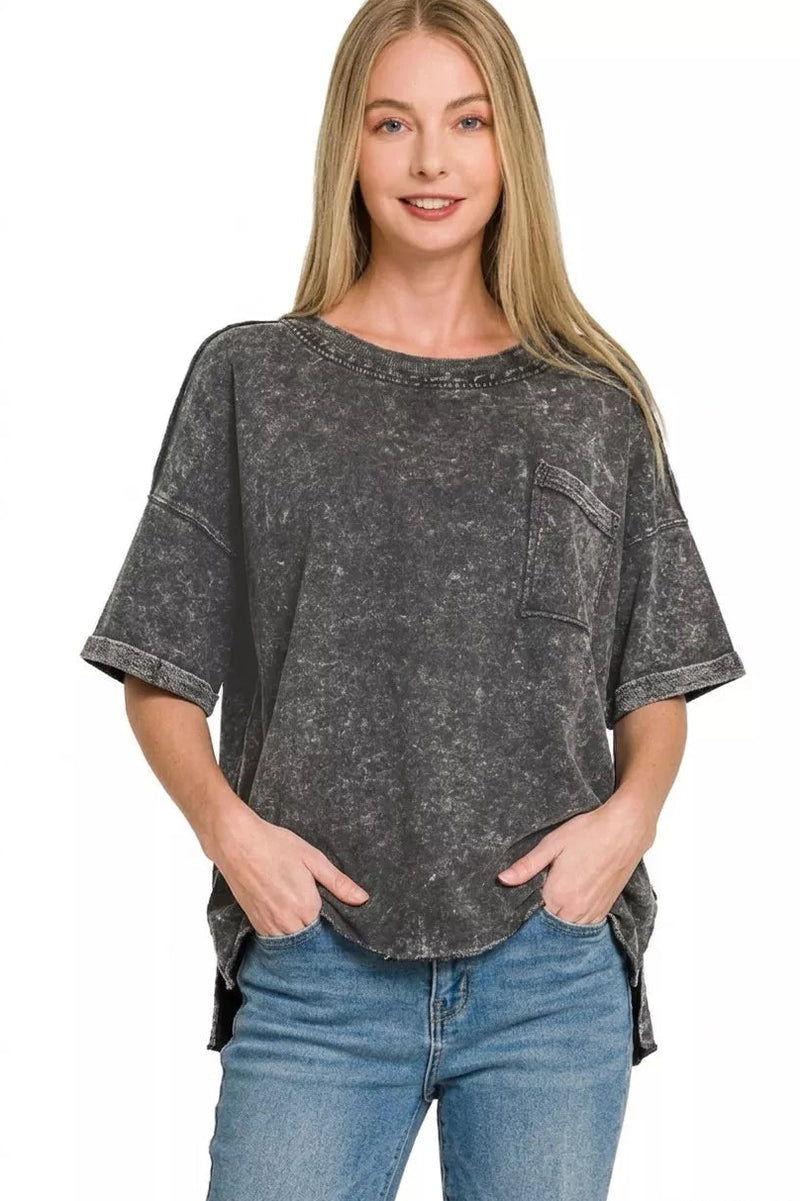 Zenana French Terry Acid Washed Raw Edge Tee