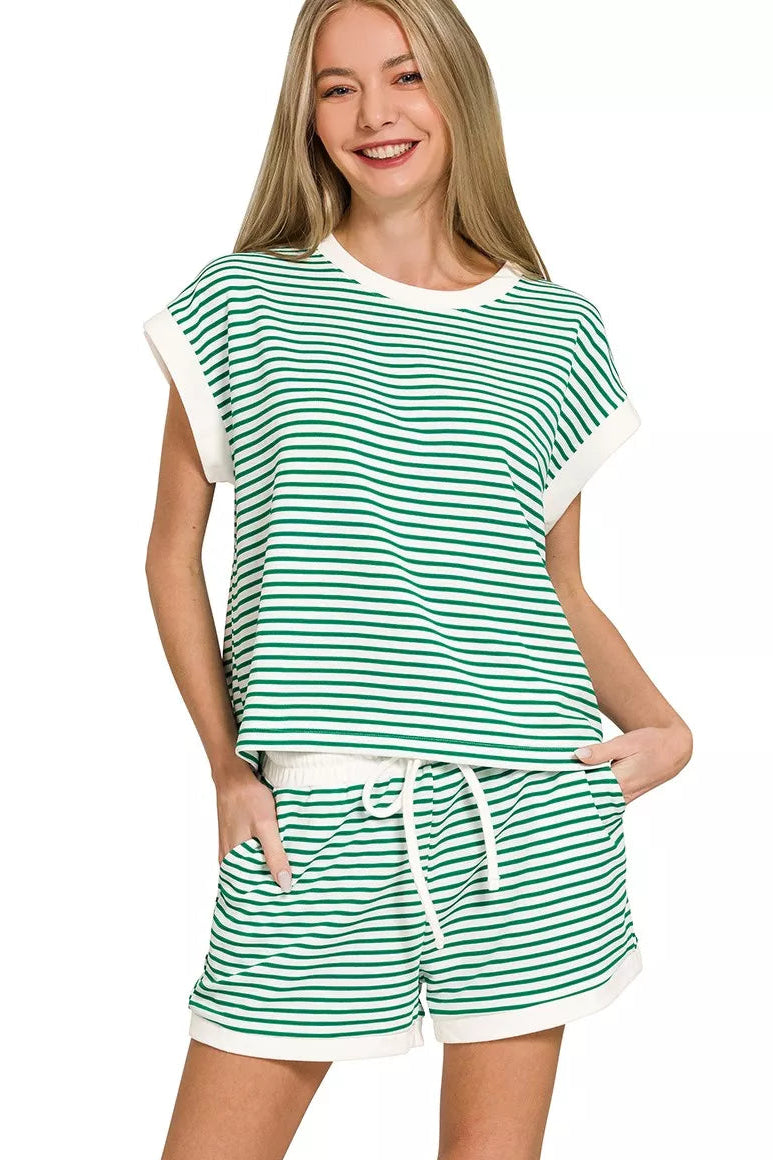 Zenana Stripe Contrast Trim Top & Shorts Set in Kelly Green