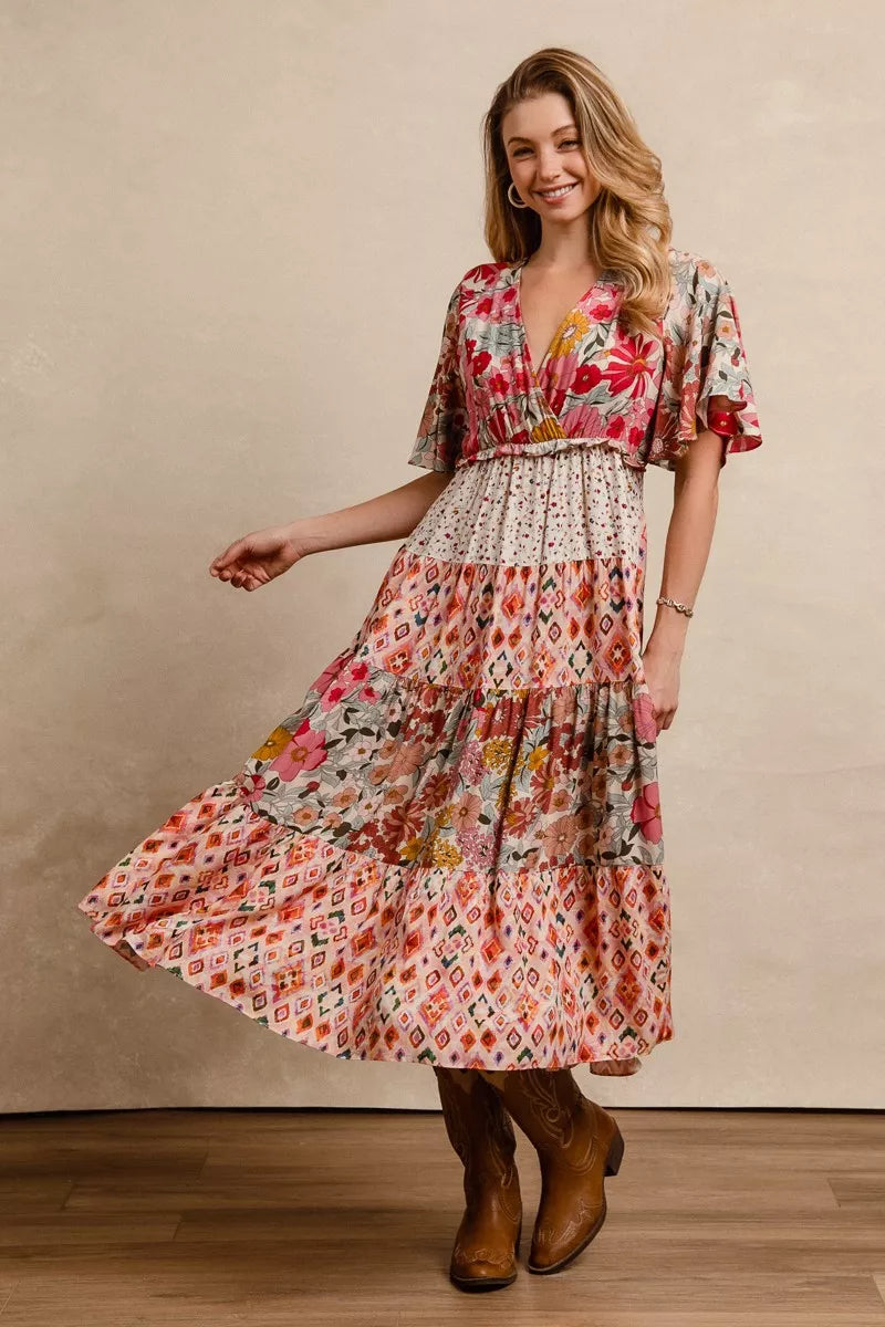 Bibi Floral Print Mix Midi Dress