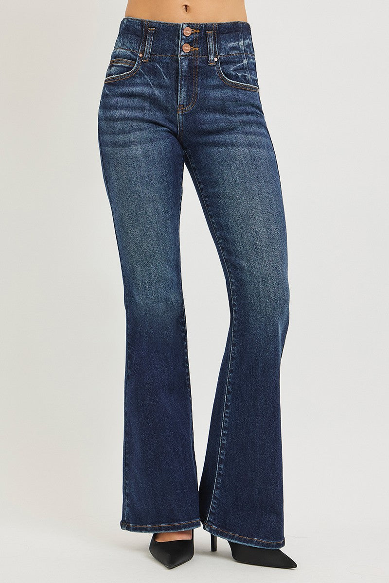 Risen High Rise Flare Jeans With Seam Detail Waistband