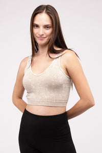 Mineral Wash Ribbed Cropped V-Neck Tank Top