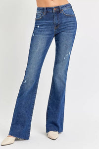 Risen Mid Rise Subtle Distressed Dark Wash Flare Jeans