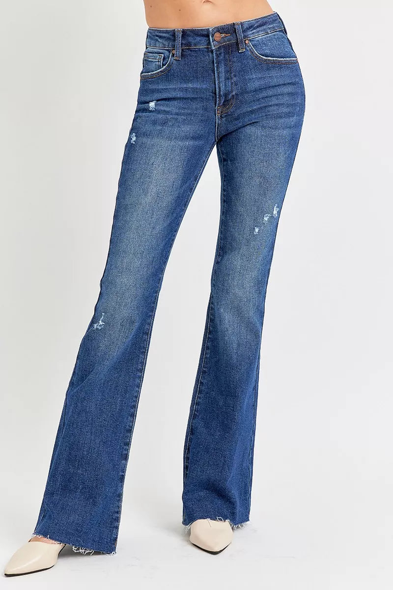 Risen Mid Rise Subtle Distressed Dark Wash Flare Jeans
