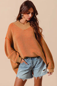 So Me Oversized Two Tone Textured V-Neck Sweater
