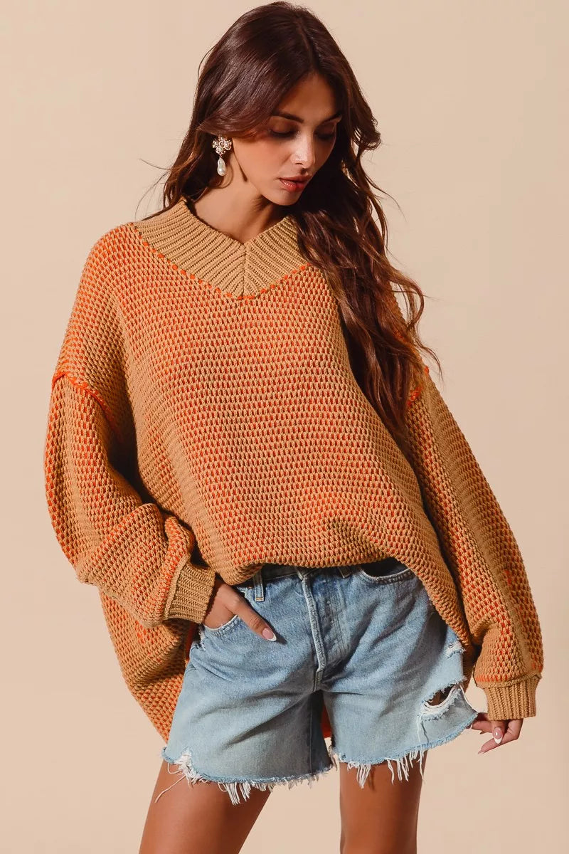 So Me Oversized Two Tone Textured V-Neck Sweater