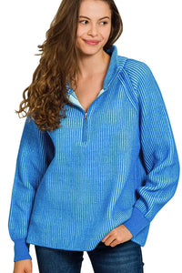 Zenana Ribbed Two Tone Half Zip Sweater in Ocean Blue/Sky Blue